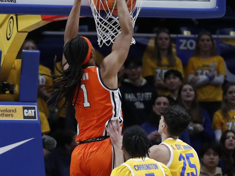 Jan 16, 2024; Pittsburgh, Pennsylvania, USA; Syracuse Orange forward Maliq Brown (1) dunks the ball against the Pittsburgh Panthers during the first half at the Petersen Events Center. Mandatory Credit: Charles LeClaire-USA TODAY Sports