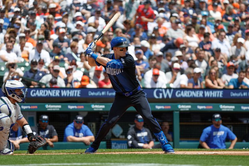 May 25, 2024; Detroit, Michigan, USA; Detroit Tigers outfielder Mark Canha (21) looks on during an at bat in the first inning of the game against the Toronto Blue Jays at Comerica Park. Mandatory Credit: Brian Bradshaw Sevald-USA TODAY Sports