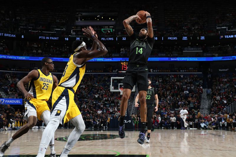 NEW ORLEANS, LA - MARCH 1:  Brandon Ingram #14 of the New Orleans Pelicans shoots the ball during the game against the Indiana Pacers on March 1, 2024 at the Smoothie King Center in New Orleans, Louisiana. NOTE TO USER: User expressly acknowledges and agrees that, by downloading and or using this Photograph, user is consenting to the terms and conditions of the Getty Images License Agreement. Mandatory Copyright Notice: Copyright 2024 NBAE (Photo by Layne Murdoch Jr./NBAE via Getty Images)