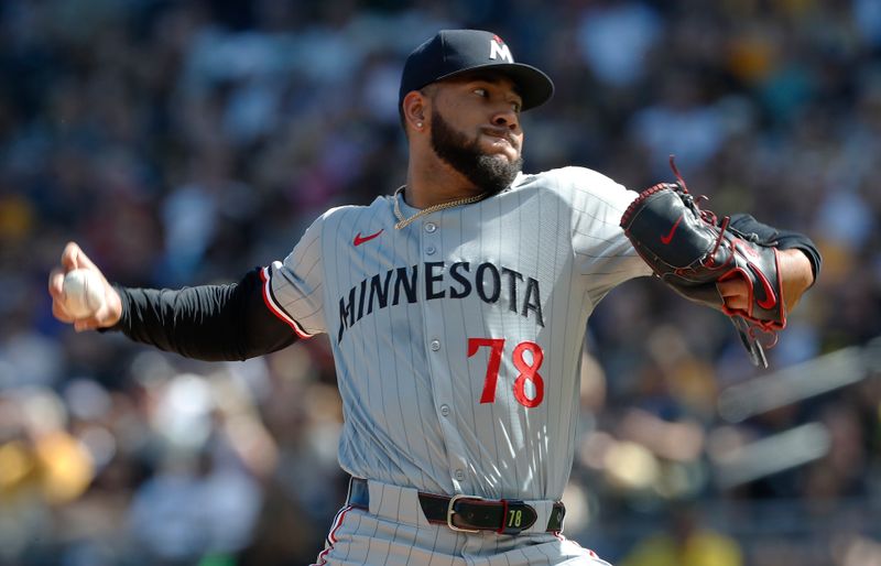 Jun 8, 2024; Pittsburgh, Pennsylvania, USA;  Minnesota Twins starting pitcher Simeon Woods Richardson (78) delivers a pitch against the Pittsburgh Pirates during the first inning at PNC Park. Mandatory Credit: Charles LeClaire-USA TODAY Sports