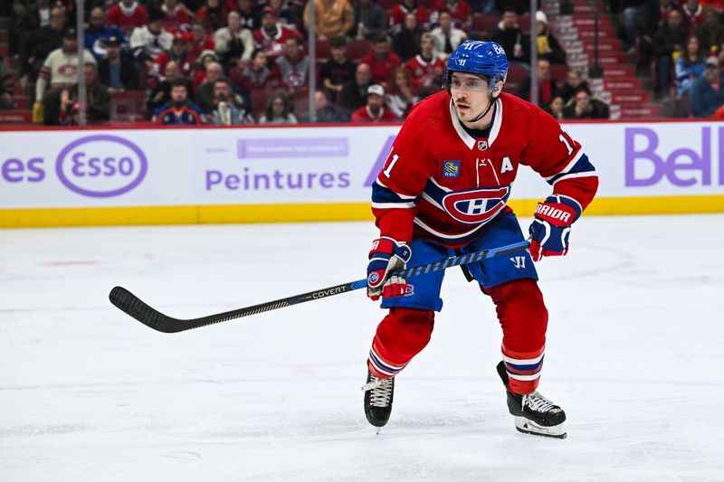 Nov 12, 2023; Montreal, Quebec, CAN; Montreal Canadiens right wing Brendan Gallagher (11) tracks the play against the Vancouver Canucks during the second period at Bell Centre. Mandatory Credit: David Kirouac-USA TODAY Sports