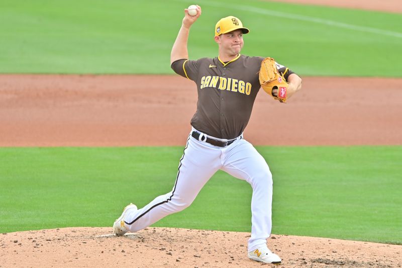 Feb 26, 2024; Peoria, Arizona, USA;  San Diego Padres relief pitcher Michael King (34) throws in the fourth inning against the Cleveland Guardians during a spring training game at Peoria Sports Complex. Mandatory Credit: Matt Kartozian-USA TODAY Sports