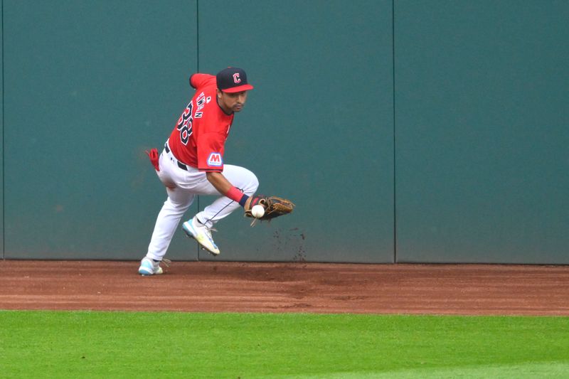 Jul 3, 2024; Cleveland, Ohio, USA; Cleveland Guardians left fielder Steven Kwan (38) plays a ball off the wall in the fourth inning against the Chicago White Sox at Progressive Field. Mandatory Credit: David Richard-USA TODAY Sports