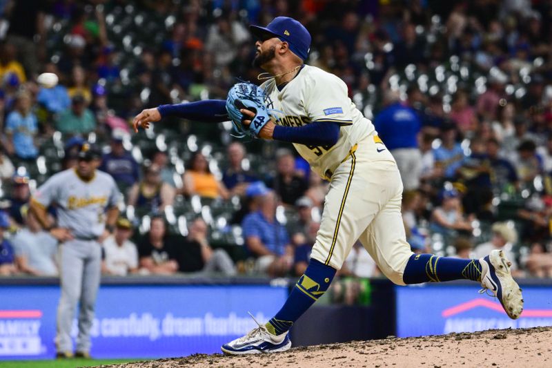 Jun 24, 2025; Milwaukee, Wisconsin, USA;  Milwaukee Brewers pitcher Grant Anderson (56) throws a pitch in the eighth inning against the Pittsburgh Pirates at American Family Field. Mandatory Credit: Benny Sieu-Imagn Images