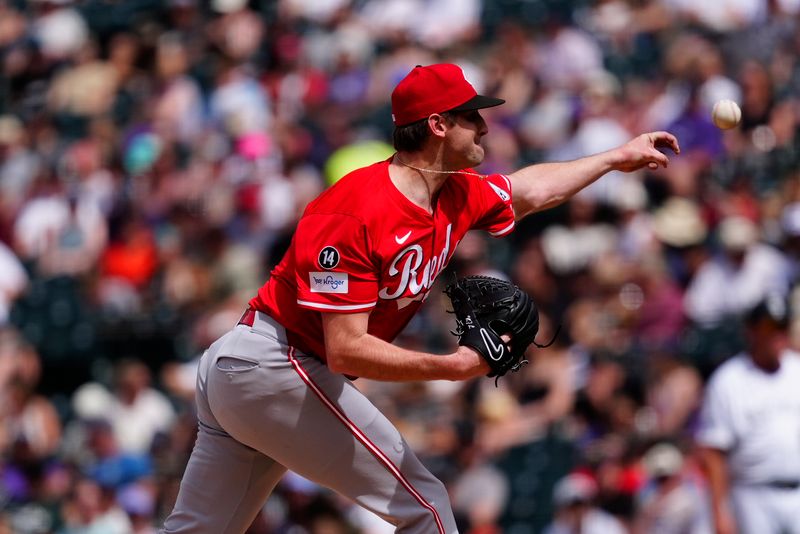 Apr 27, 2025; Denver, Colorado, USA; Cincinnati Reds starting pitcher Nick Lodolo (40) delivers a pitch in the sixth inning against the Colorado Rockies at Coors Field. Mandatory Credit: Ron Chenoy-Imagn Images