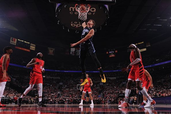 PORTLAND, OR - OCTOBER 27: Moritz Wagner #21 of the Orlando Magic dunks the ball during the game against the Portland Trail Blazers on October 27, 2023 at the Moda Center Arena in Portland, Oregon. NOTE TO USER: User expressly acknowledges and agrees that, by downloading and or using this photograph, user is consenting to the terms and conditions of the Getty Images License Agreement. Mandatory Copyright Notice: Copyright 2023 NBAE (Photo by Cameron Browne/NBAE via Getty Images)