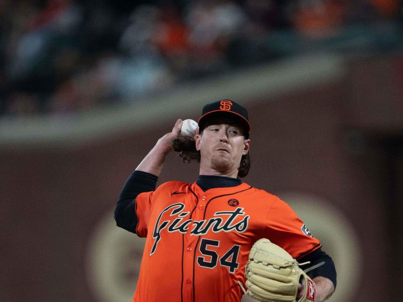 Jul 26, 2024; San Francisco, California, USA;  San Francisco Giants pitcher Mike Baumann (54) pitches during the eighth inning against the Colorado Rockies at Oracle Park. Mandatory Credit: Stan Szeto-USA TODAY Sports