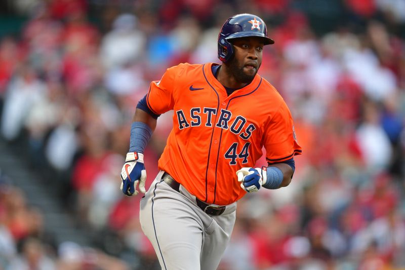 Jun 7, 2024; Anaheim, California, USA; Houston Astros outfielder Yordan Alvarez (44) runs after hitting a single against the Los Angeles Angels during the first inning at Angel Stadium. Mandatory Credit: Gary A. Vasquez-USA TODAY Sports