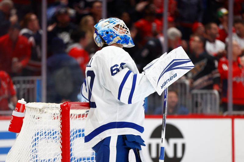 Mar 20, 2024; Washington, District of Columbia, USA; Toronto Maple Leafs goaltender Joseph Woll (60) reacts after allowing a goal by Washington Capitals left wing Alex Ovechkin (not pictured) during the third period at Capital One Arena. Mandatory Credit: Amber Searls-USA TODAY Sports