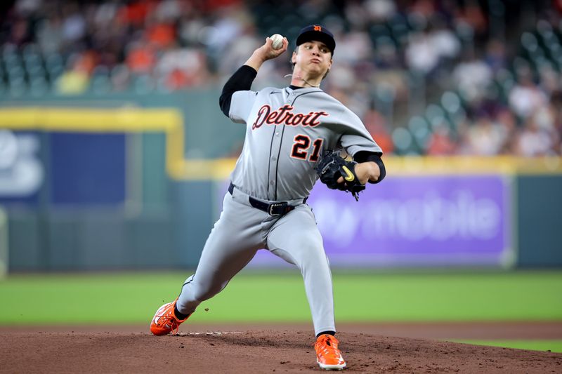 Apr 30, 2025; Houston, Texas, USA; Detroit Tigers starting pitcher Jackson Jobe (21) delivers a pitch against the Houston Astros during the first inning at Daikin Park. Mandatory Credit: Erik Williams-Imagn Images