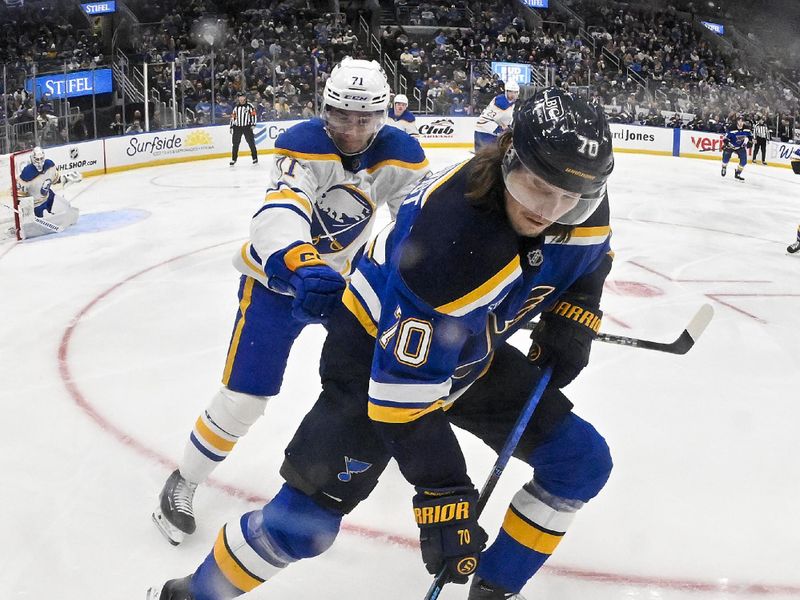 Dec 29, 2025; St. Louis, Missouri, USA; St. Louis Blues center Oskar Sundqvist (70) controls the puck as Buffalo Sabres center Ryan McLeod (71) defends during the second period at Enterprise Center. Mandatory Credit: Jeff Curry-Imagn Images