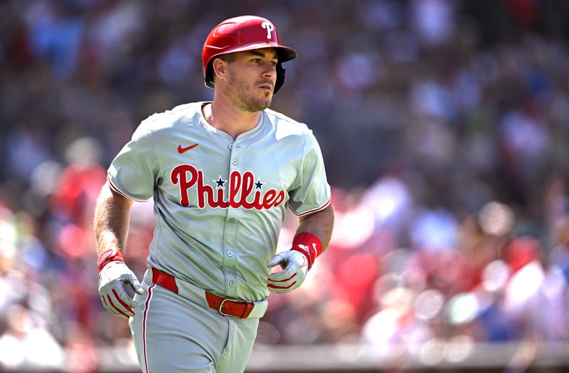 Apr 28, 2024; San Diego, California, USA; Philadelphia Phillies catcher J.T. Realmuto (10) rounds the bases after hitting a two-run home run against the San Diego Padres during the sixth inning at Petco Park. Mandatory Credit: Orlando Ramirez-USA TODAY Sports