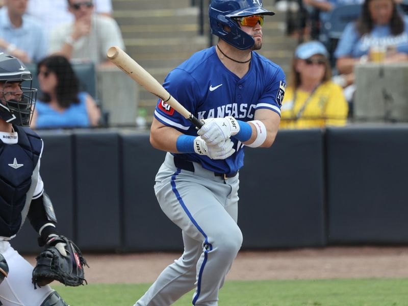May 1, 2025; St. Petersburg, Florida, USA;  Kansas City Royals second base Michael Massey (19) singles during the seventh inning against the Tampa Bay Rays at George M. Steinbrenner Field. Mandatory Credit: Kim Klement Neitzel-Imagn Images