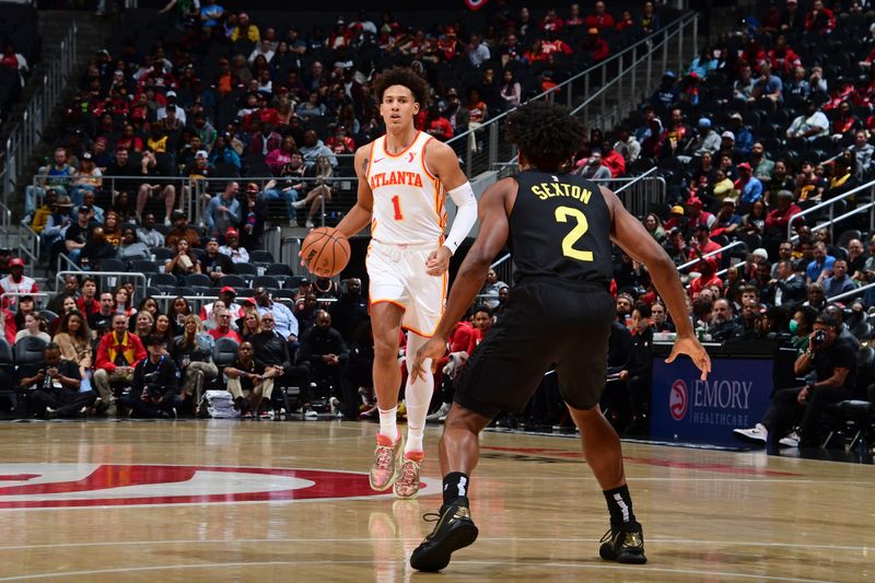 ATLANTA, GA - FEBRUARY 27: Jalen Johnson #1 of the Atlanta Hawks dribbles the ball during the game against the Utah Jazz on February 27, 2024 at State Farm Arena in Atlanta, Georgia.  NOTE TO USER: User expressly acknowledges and agrees that, by downloading and/or using this Photograph, user is consenting to the terms and conditions of the Getty Images License Agreement. Mandatory Copyright Notice: Copyright 2024 NBAE (Photo by Scott Cunningham/NBAE via Getty Images)