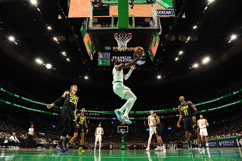 BOSTON, MA - JANUARY 5: Jaylen Brown #7 of the Boston Celtics shoots the ball during the game against the Utah Jazz on January 5, 2024 at the TD Garden in Boston, Massachusetts. NOTE TO USER: User expressly acknowledges and agrees that, by downloading and or using this photograph, User is consenting to the terms and conditions of the Getty Images License Agreement. Mandatory Copyright Notice: Copyright 2024 NBAE  (Photo by Brian Babineau/NBAE via Getty Images)