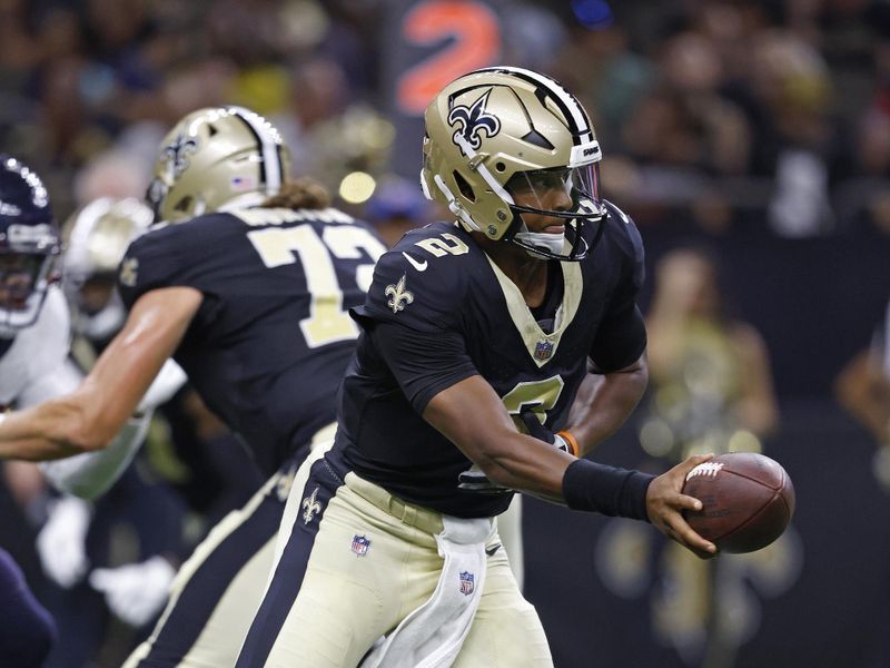 New Orleans Saints quarterback Jameis Winston (2) in action during an NFL preseason football game against the Houston Texans, Sunday, Aug. 27, 2023, in New Orleans. (AP Photo/Tyler Kaufman)