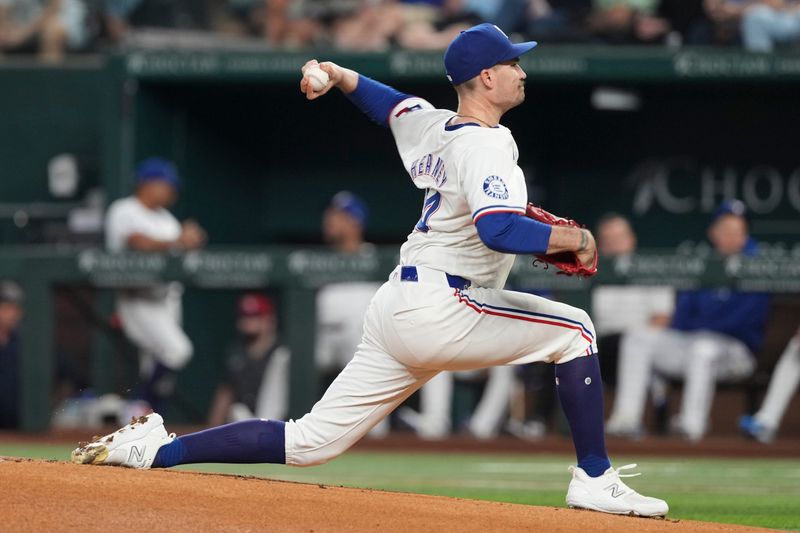 Sep 3, 2024; Arlington, Texas, USA; Texas Rangers starting pitcher Andrew Heaney (44) delivers a pitch to the New York Yankees during the first inning at Globe Life Field. Mandatory Credit: Jim Cowsert-Imagn Images