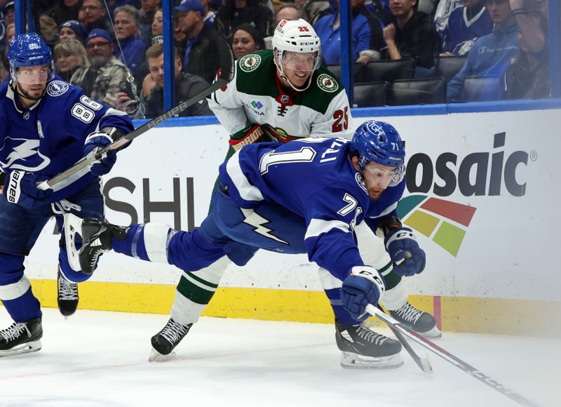 Jan 18, 2024; Tampa, Florida, USA; Minnesota Wild defenseman Jonas Brodin (25) defends Tampa Bay Lightning center Anthony Cirelli (71) during the first period at Amalie Arena. Mandatory Credit: Kim Klement Neitzel-USA TODAY Sports