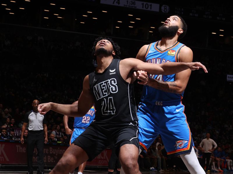 BROOKLYN, NY - JANUARY 5: Cam Thomas #24 of the Brooklyn Nets boxes out during the game  against Kenrich Williams #34 of the Oklahoma City Thunder on January 5, 2024 at Barclays Center in Brooklyn, New York. NOTE TO USER: User expressly acknowledges and agrees that, by downloading and or using this Photograph, user is consenting to the terms and conditions of the Getty Images License Agreement. Mandatory Copyright Notice: Copyright 2024 NBAE (Photo by Nathaniel S. Butler/NBAE via Getty Images)