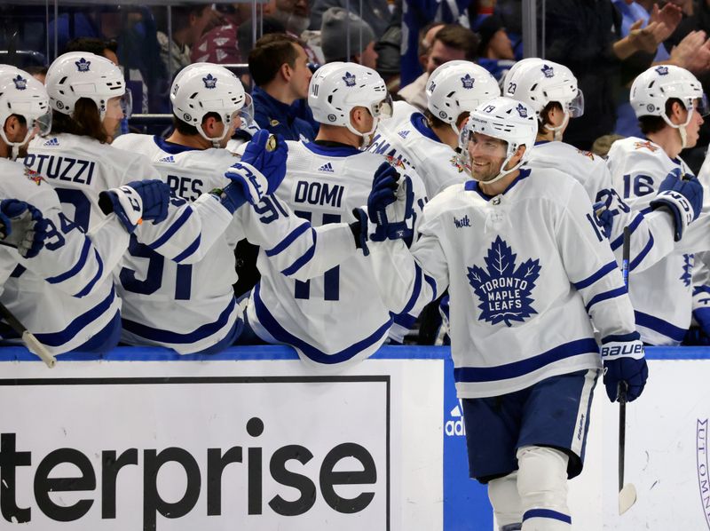 Dec 21, 2023; Buffalo, New York, USA;  Toronto Maple Leafs center Calle Jarnkrok (19) celebrates his shorthanded goal with teammates during the second period against the Buffalo Sabres at KeyBank Center. Mandatory Credit: Timothy T. Ludwig-USA TODAY Sports