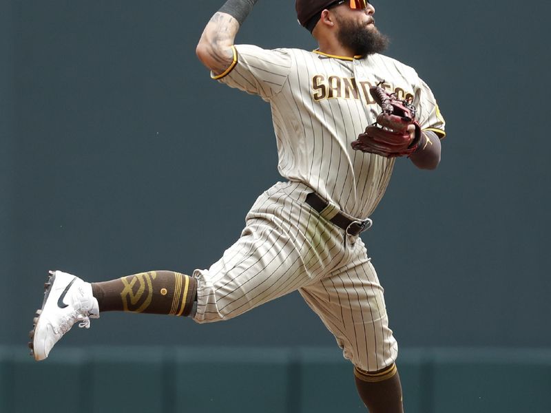 May 11, 2023; Minneapolis, Minnesota, USA; San Diego Padres second baseman Rougned Odor (24) forces out Minnesota Twins designated hitter Byron Buxton (not pictured) but is not able to turn the double play in the seventh inning at Target Field. Mandatory Credit: Bruce Kluckhohn-USA TODAY Sports