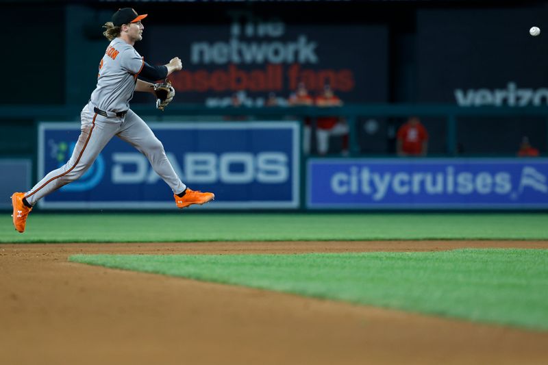 Apr 24, 2025; Washington, District of Columbia, USA; Baltimore Orioles shortstop Gunnar Henderson (2) makes a throw to first base on a ground ball by Washington Nationals third base Amed Rosario (not pictured) to end the game at Nationals Park. Mandatory Credit: Geoff Burke-Imagn Images