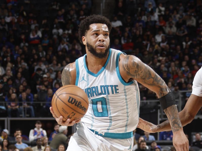 DETROIT, MI - JANUARY 03:  Miles Bridges #0 of the Charlotte Hornets drives to the basket during the game against the Detroit Pistons on January 03, 2025 at Little Caesars Arena in Detroit, Michigan. NOTE TO USER: User expressly acknowledges and agrees that, by downloading and/or using this photograph, User is consenting to the terms and conditions of the Getty Images License Agreement. Mandatory Copyright Notice: Copyright 2025 NBAE (Photo by Brian Sevald/NBAE via Getty Images)