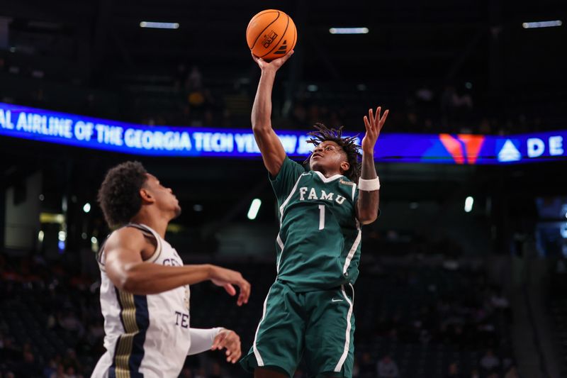Dec 28, 2025; Atlanta, Georgia, USA; Florida A&M Rattlers guard Antonio Baker Jr. (1) shoots against the Georgia Tech Yellow Jackets in the first half at McCamish Pavilion. Mandatory Credit: Brett Davis-Imagn Images