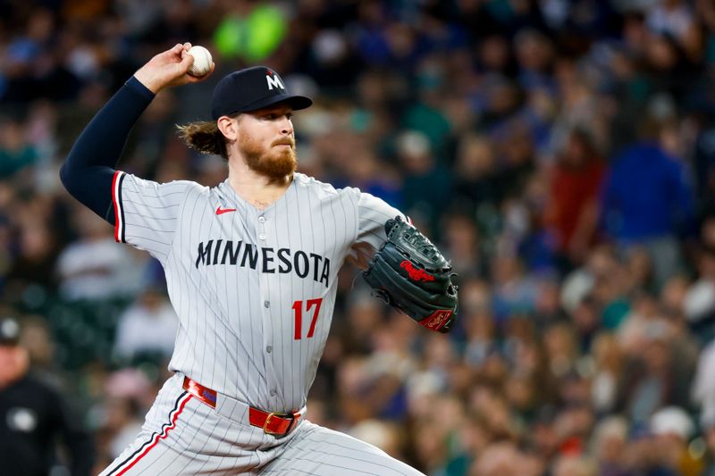 May 31, 2025; Seattle, Washington, USA; Minnesota Twins starting pitcher Bailey Ober (17) throws against the Seattle Mariners during the third inning at T-Mobile Park. Mandatory Credit: Joe Nicholson-Imagn Images