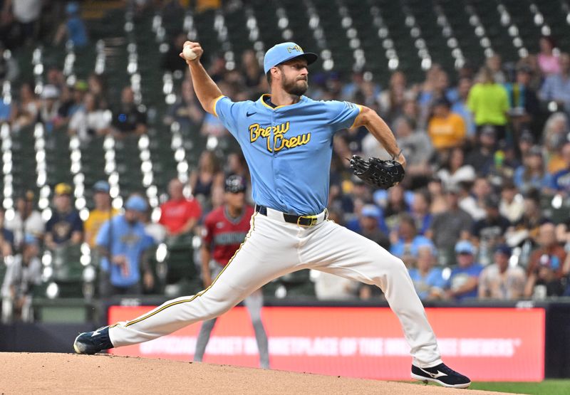 Sep 20, 2024; Milwaukee, Wisconsin, USA; Milwaukee Brewers pitcher Colin Rea (48) delivers a pitch against the Arizona Diamondbacks in the first inning at American Family Field. Mandatory Credit: Michael McLoone-Imagn Images