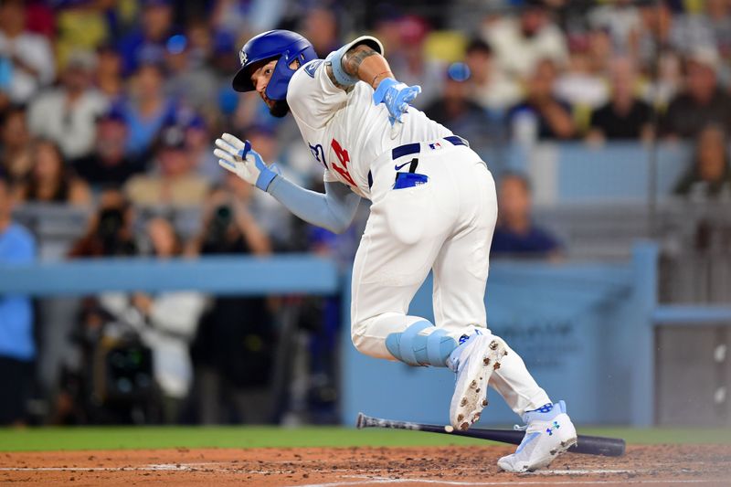Sep 15, 2025; Los Angeles, California, USA; Los Angeles Dodgers outfielder Andy Pages (44) runs toward base after hitting a double against the Philadelphia Phillies in the third inning at Dodger Stadium. Mandatory Credit: Gary A. Vasquez-Imagn Images