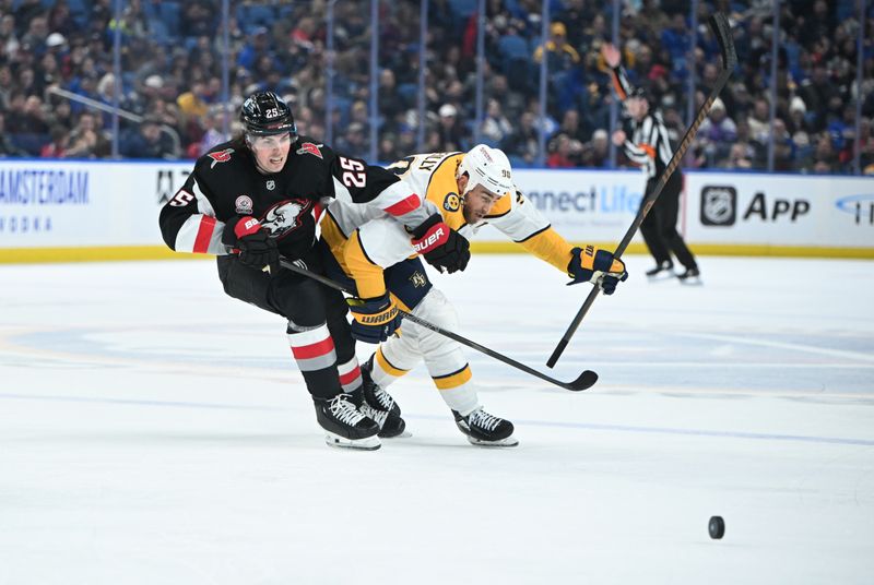 Jan 31, 2025; Buffalo, New York, USA; Buffalo Sabres defenseman Owen Power (25) and Nashville Predators center Ryan O'Reilly (90) battle for the puck in the first period at the KeyBank Center. Mandatory Credit: Mark Konezny-Imagn Images