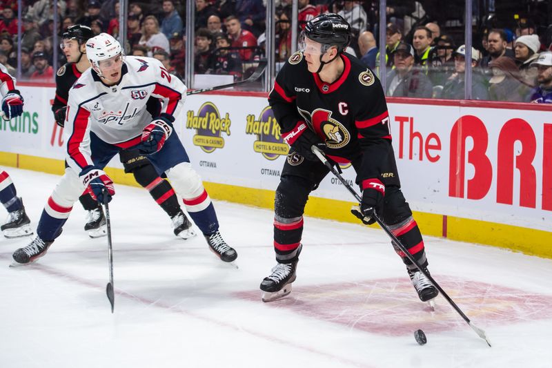 Jan 16, 2025; Ottawa, Ontario, CAN; Ottawa Senators left wing Brady Tkachuk (7) skates with the puck in front of Washington Capitals center Aliaksei Protas (21) in the first period at the Canadian Tire Centre. Mandatory Credit: Marc DesRosiers-Imagn Images