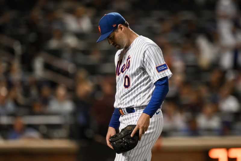 Aug 9, 2023; New York City, New York, USA; New York Mets relief pitcher Adam Ottavino (0) reacts after exiting the game against the Chicago Cubs during the ninth inning at Citi Field. Mandatory Credit: John Jones-USA TODAY Sports