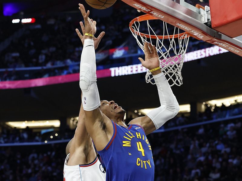 INGLEWOOD, CALIFORNIA - DECEMBER 01:  Russell Westbrook #4 of the Denver Nuggets takes a shot against the LA Clippers in the second half at Intuit Dome on December 01, 2024 in Inglewood, California.  NOTE TO USER: User expressly acknowledges and agrees that, by downloading and or using this photograph, User is consenting to the terms and conditions of the Getty Images License Agreement. (Photo by Ronald Martinez/Getty Images)