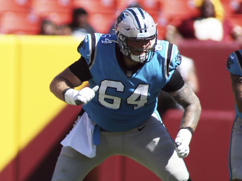 Carolina Panthers guard Cade Mays (64) blocks during an NFL football game against the Washington Commanders, Saturday, Aug. 13, 2022 in Landover. (AP Photo/Daniel Kucin Jr.)