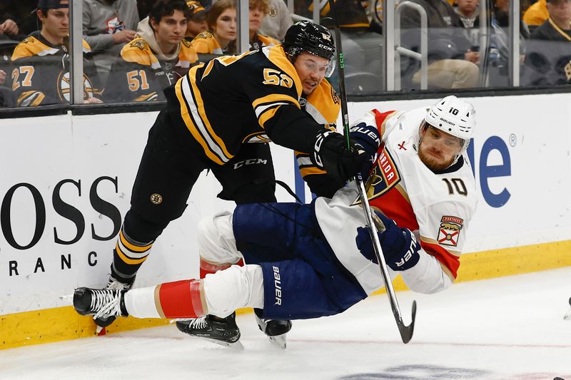 Oct 14, 2024; Boston, Massachusetts, USA; Boston Bruins defenseman Andrew Peeke (52) knocks down Florida Panthers left wing A.J. Greer (10) during the third period at TD Garden. Mandatory Credit: Winslow Townson-Imagn Images