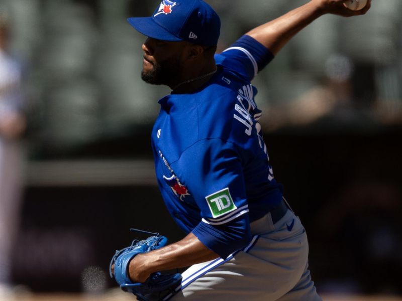 Sep 6, 2023; Oakland, California, USA; Toronto Blue Jays pitcher Jay Jackson (35) delivers a pitch against the Oakland Athletics during the eighth inning at Oakland-Alameda County Coliseum. Mandatory Credit: D. Ross Cameron-USA TODAY Sports