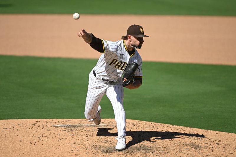 Sep 24, 2025; San Diego, California, USA; San Diego Padres relief pitcher David Morgan (66) delivers during the sixth inning against the Milwaukee Brewers at Petco Park. Mandatory Credit: Denis Poroy-Imagn Images