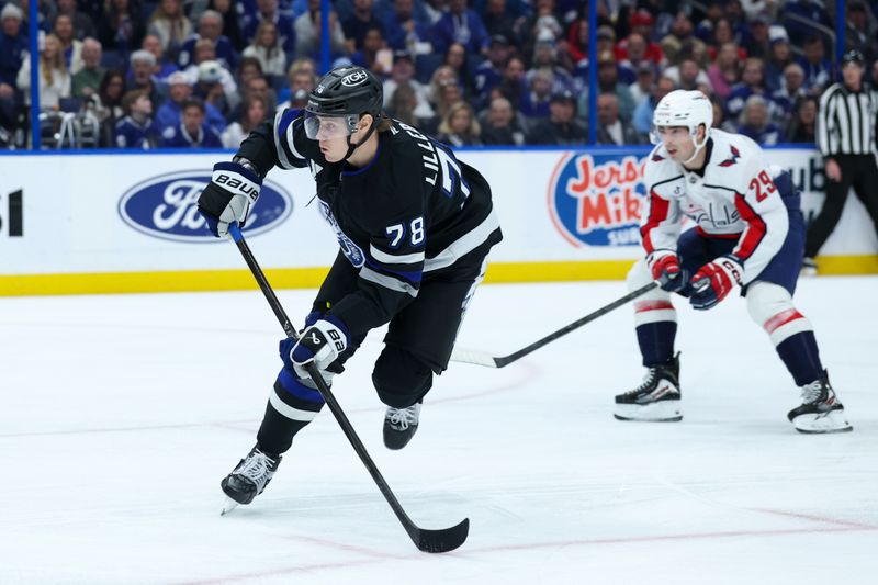 Nov 8, 2025; Tampa, Florida, USA; Tampa Bay Lightning defenseman Emil Lilleberg (78) shoots the puck against the Washington Capitals in the first period  at Benchmark International Arena. Mandatory Credit: Nathan Ray Seebeck-Imagn Images