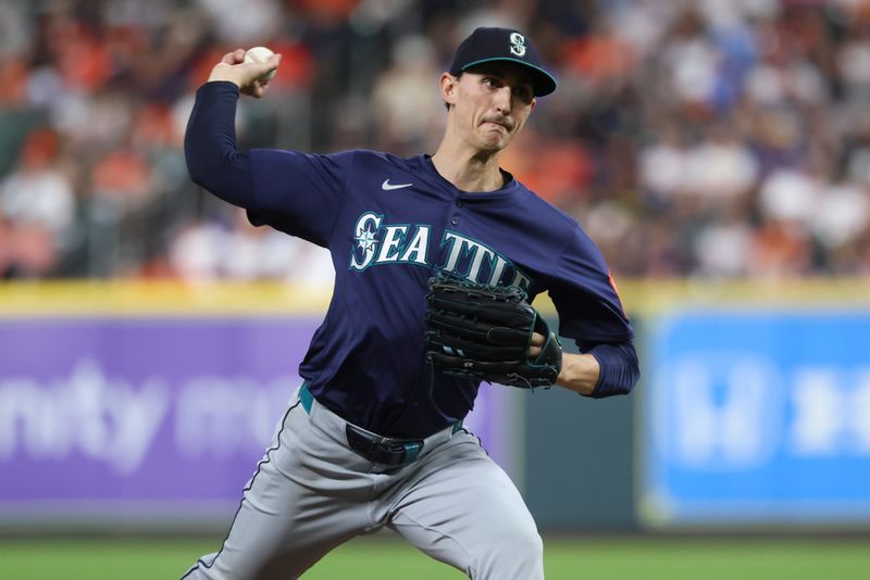 Sep 20, 2025; Houston, Texas, USA; Seattle Mariners starting pitcher George Kirby (68) delivers a pitch during the fifth inning against the Houston Astros at Daikin Park. Mandatory Credit: Troy Taormina-Imagn Images
