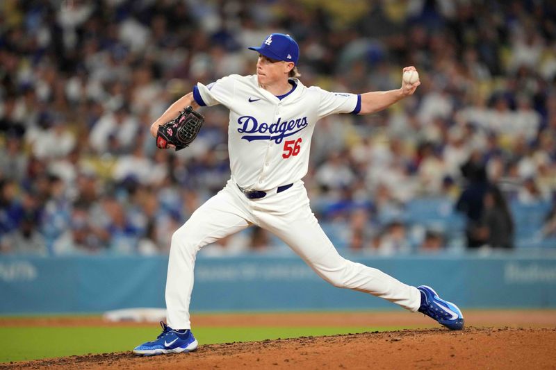 Jul 3, 2024; Los Angeles, California, USA; Los Angeles Dodgers relief pitcher Ryan Yarbrough (56) throws in the fifth inning against the Arizona Diamondbacks at Dodger Stadium. Mandatory Credit: Kirby Lee-USA TODAY Sports