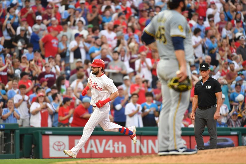 Jun 3, 2024; Philadelphia, Pennsylvania, USA; Philadelphia Phillies outfielder David Dahl (35) runs towards home after hitting a home run off Milwaukee Brewers pitcher Bryse Wilson (46) during the fourth inning at Citizens Bank Park. Mandatory Credit: Eric Hartline-USA TODAY Sports