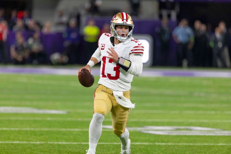 San Francisco 49ers quarterback Brock Purdy plays during an NFL football game against the Minnesota Vikings, Monday, Oct. 23, 2023, in Minneapolis. (AP Photo/Andy Clayton-King)