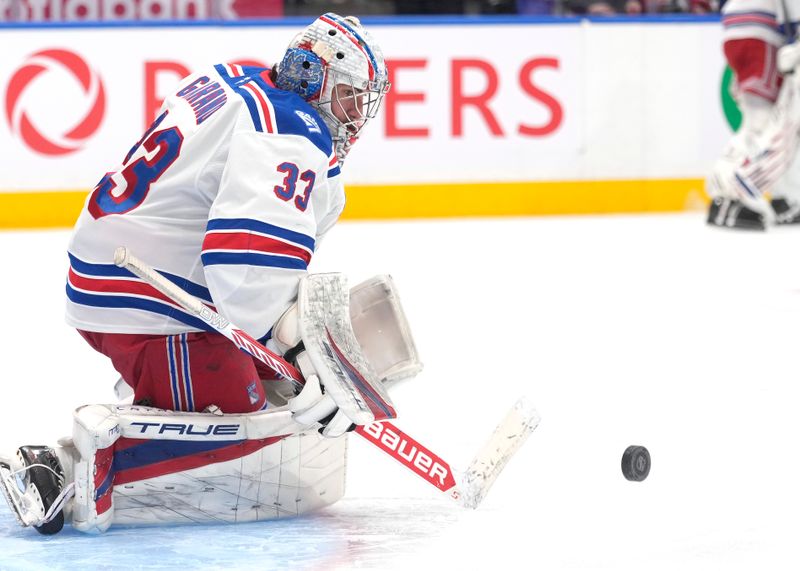 Mar 25, 2026; Toronto, Ontario, CAN; New York Rangers goaltender Dylan Garand (33) makes a save during warm up before a game against the Toronto Maple Leafs at Scotiabank Arena. Mandatory Credit: John E. Sokolowski-Imagn Images Mar 25, 2026; Toronto, Ontario, CAN; New York Rangers goaltender Dylan Garand (33) makes a save during warm up before a game against the Toronto Maple Leafs at Scotiabank Arena. Mandatory Credit: John E. Sokolowski-Imagn Images