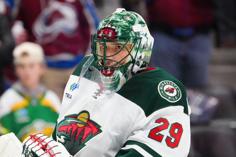 Jan 20, 2025; Denver, Colorado, USA; Minnesota Wild goaltender Marc-Andre Fleury (29) before the game against the Colorado Avalanche at Ball Arena. Mandatory Credit: Ron Chenoy-Imagn Images