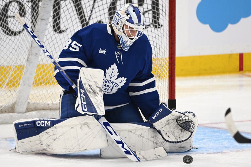 Nov 13, 2025; Toronto, Ontario, CAN;  Toronto Maple Leafs goalie Dennis Hildeby (35) warms up before playing the Los Angeles Kings at Scotiabank Arena. Mandatory Credit: Dan Hamilton-Imagn Images