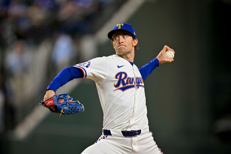 Apr 10, 2024; Arlington, Texas, USA; Texas Rangers starting pitcher Jacob Latz (67) pitches against the Oakland Athletics during the first inning at Globe Life Field. Mandatory Credit: Jerome Miron-USA TODAY Sports