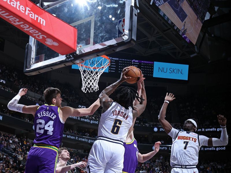 SALT LAKE CITY, UT - JANUARY 10: DeAndre Jordan #6 of the Denver Nuggets rebounds during the game against the Utah Jazz on January 10, 2024 at Delta Center in Salt Lake City, Utah. NOTE TO USER: User expressly acknowledges and agrees that, by downloading and or using this Photograph, User is consenting to the terms and conditions of the Getty Images License Agreement. Mandatory Copyright Notice: Copyright 2024 NBAE (Photo by Melissa Majchrzak/NBAE via Getty Images)