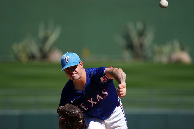 Mar 4, 2024; Surprise, Arizona, USA; Texas Rangers starting pitcher Cody Bradford (61) pitches against the Los Angeles Angels during the first inning at Surprise Stadium. Mandatory Credit: Joe Camporeale-USA TODAY Sports